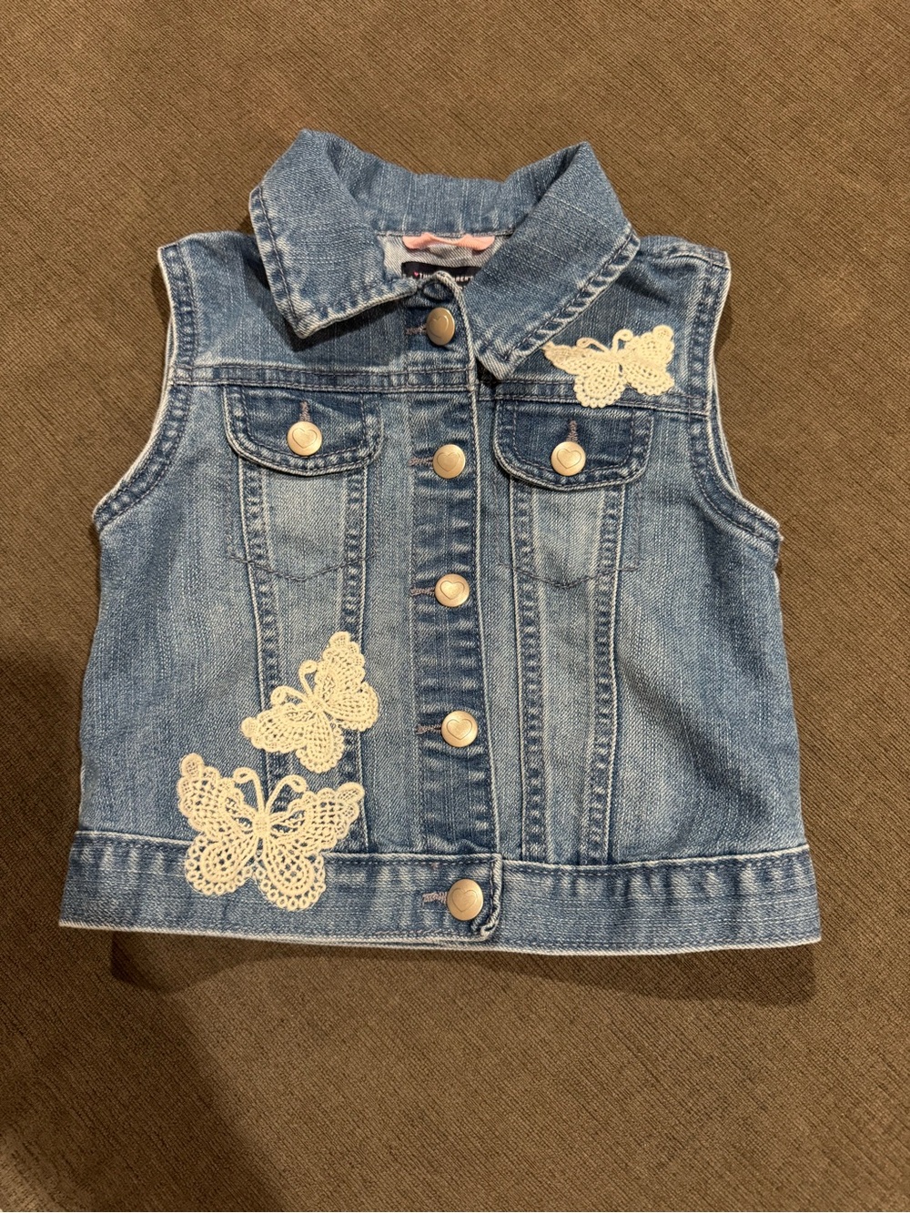 The Children's Place Light Blue Denim Vest with Cream Crochet Butterflies